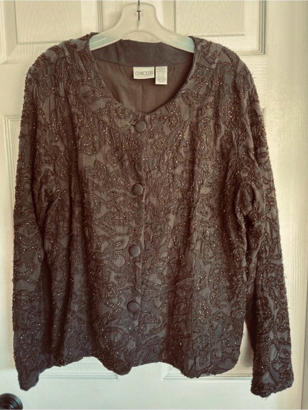Chico's Black Beaded Embroidered Round-Neck Jacket